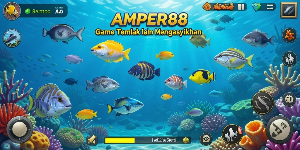 Tampilan gameplay seru AMPER88 saat menembak ikan berwarna-warni.