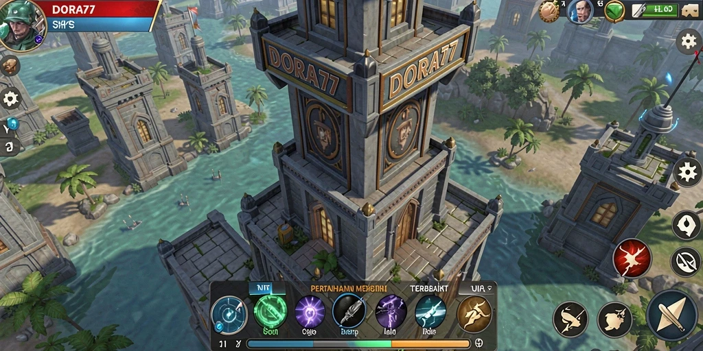 Screenshot DORA77 menunjukkan aksi intens saat mempertahankan menara dari serangan musuh.