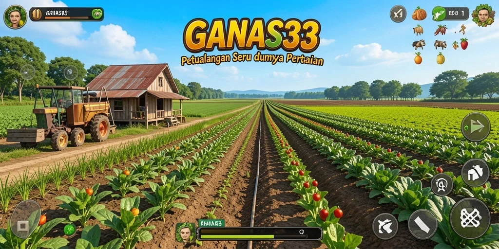 Screenshot gameplay GANAS33 menunjukkan ladang yang subur dan penuh aktivitas bertani.