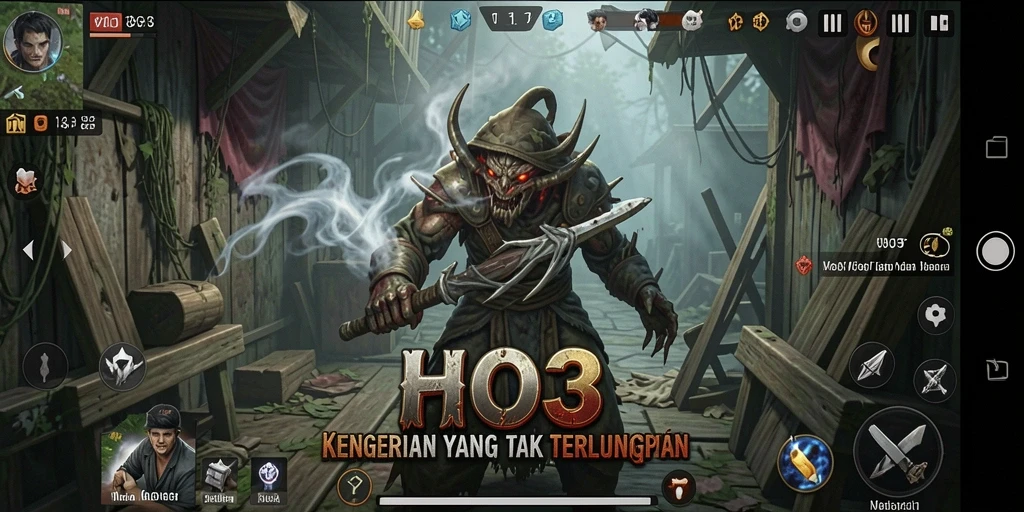 Screenshot gameplay HO3 menunjukkan momen ketegangan saat karakter menghadapi monster mengerikan.