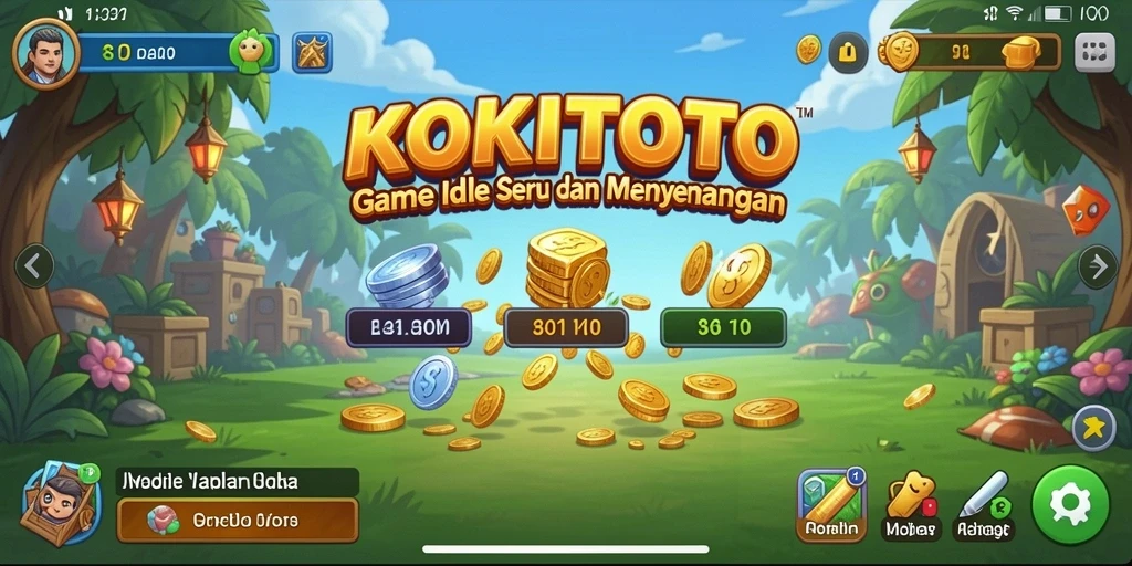 Tampilan gameplay KOKITOTO dengan karakter yang bekerja secara otomatis.