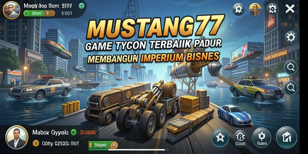 Tampilan gameplay <strong>MUSTANG77</strong> dengan tantangan membangun bisnis yang seru.