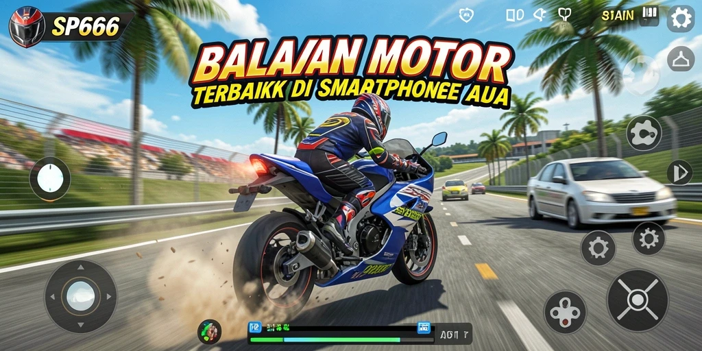 Screenshot SP666 menampilkan aksi balapan motor yang cepat dan mendebarkan.