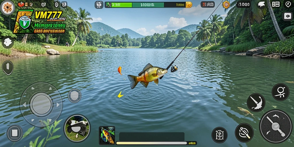 Tampilan gameplay menarik dalam VM777 saat memancing ikan besar.
